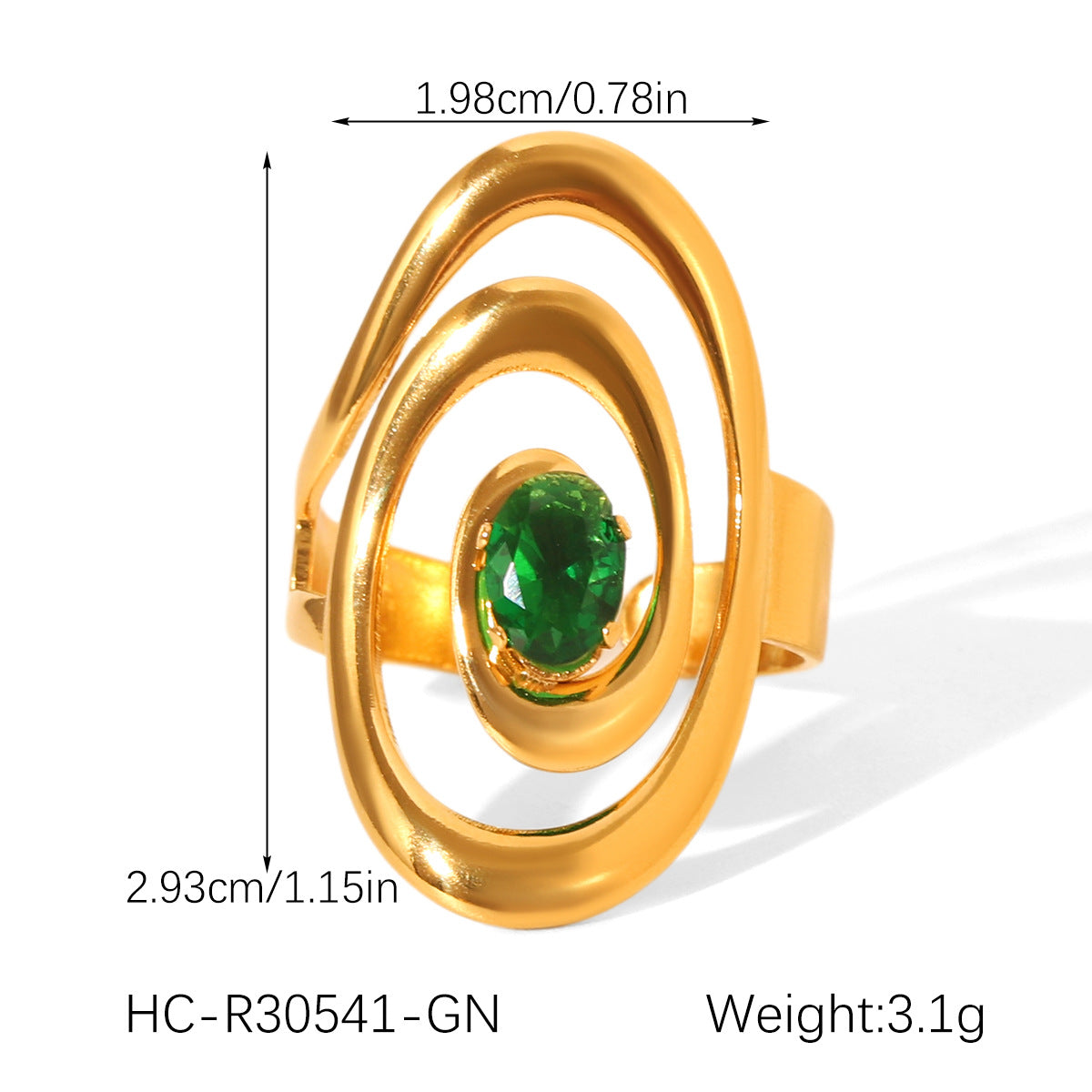 Stainless Steel Ring with Green Zircon Inlay for Women, Non-fading Titanium Steel Ring, Light Luxury and High-end Hand Jewelry