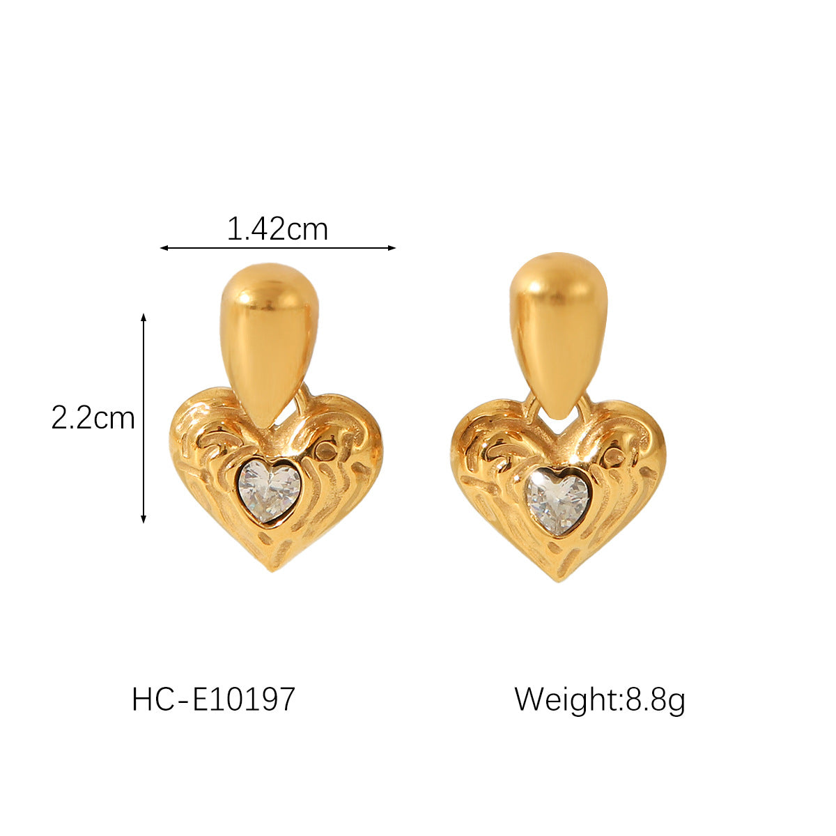 18k Gold Stainless Steel Teardrop-shaped Earrings Studded with Diamonds, Hammered Pattern, Heart-shaped Earrings, Fashionable and High-end Earrings
