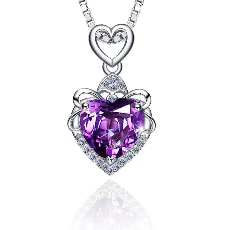 Heart of The Ocean Topaz Purple Blue Crystal Necklace Heart Shaped Clavicular Chain for Women