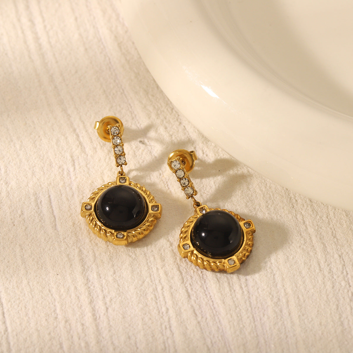French Retro Style Obsidian 18k Gold Stainless Steel Earrings with Diamond Studded Earrings, Stylish and Elegant Earrings for Women
