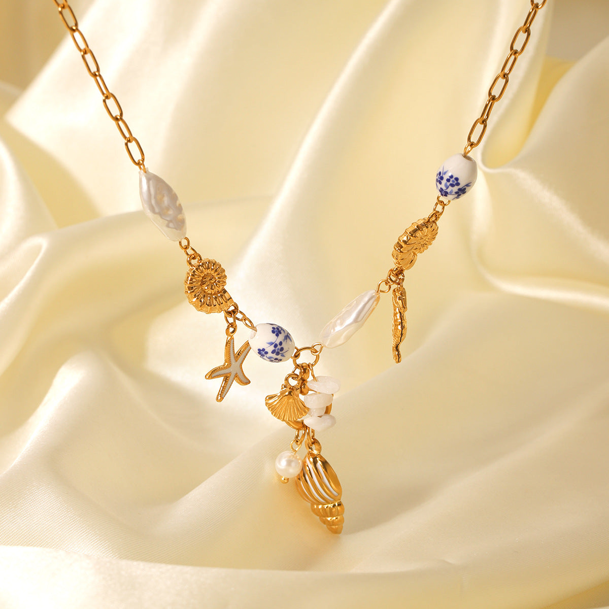 Summer Stainless Steel Ocean Style Element Starfish Shell Pearl Conch Necklace Female Non-fading Necklace