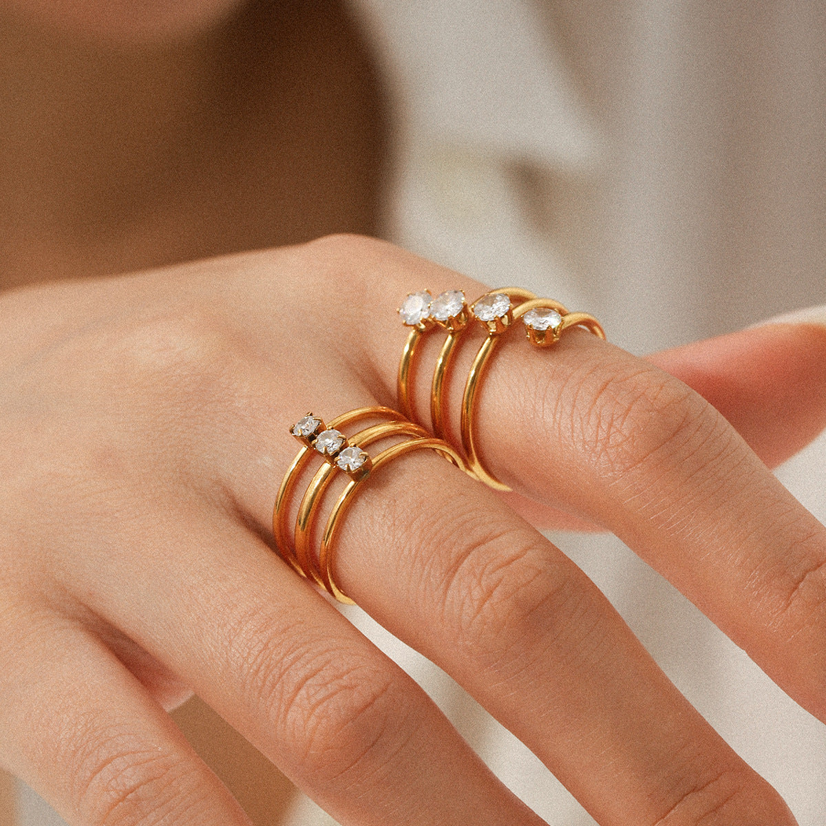 INS Style Three-layer Stainless Steel Ring with Zircon Inlay, Light Luxury and Versatile Titanium Steel Open Ring