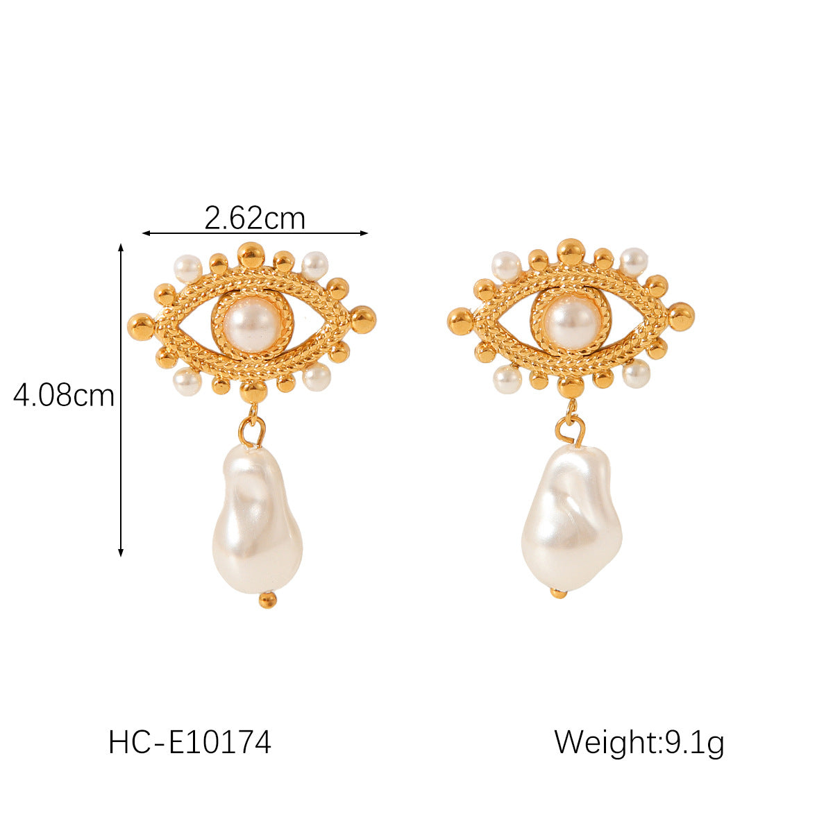 French Vintage Style Devil's Eye Pearl Earrings, 18k Gold Stainless Steel Earrings for Women, Light Luxury Temperament Titanium Steel Earrings