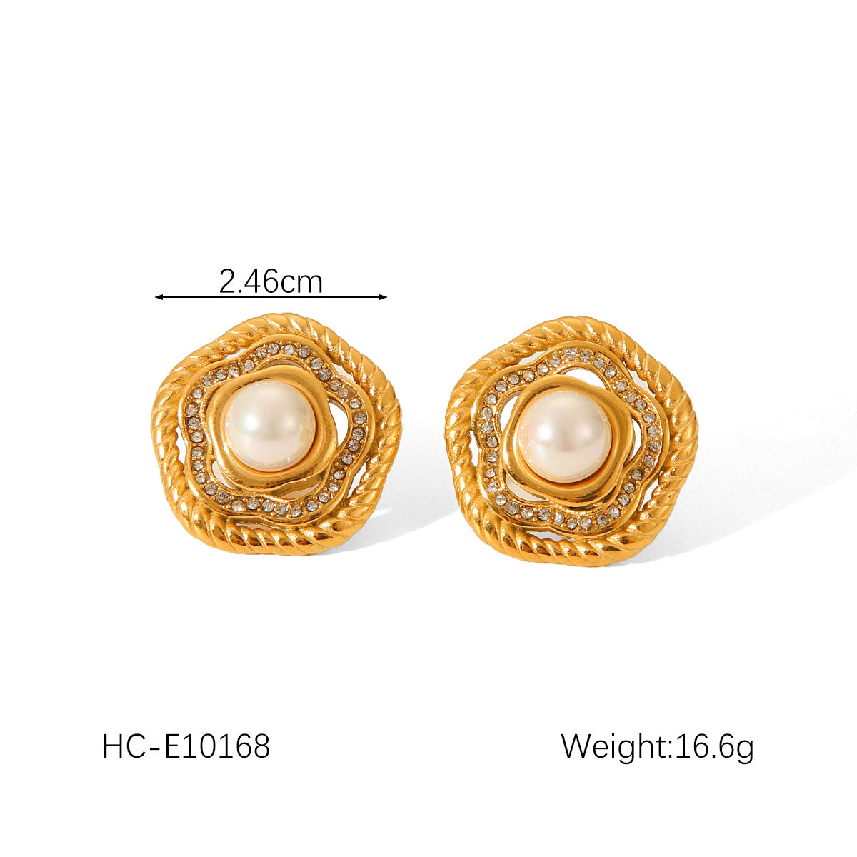 French-style Vintage 18k Gold Stainless Steel Earrings with Diamond-encrusted Flowers, Elegant and Luxurious Pearl Earrings for Women