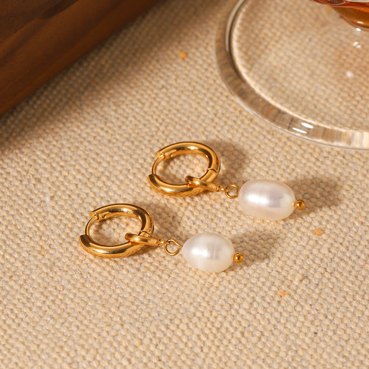 Titanium Steel Earrings with A Light Luxury Feel, Featuring Freshwater Pearls, Cross-border Stainless Steel Jewelry
