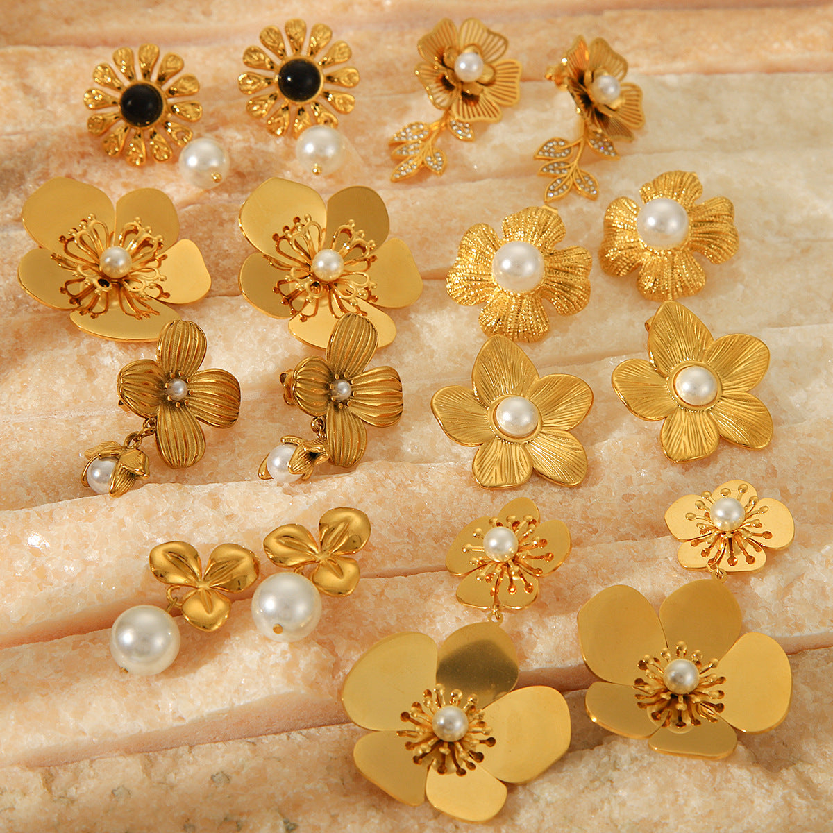 French 18K Gold Stainless Steel Flower Earrings Design Sense Fashion Retro Temperament Pearl Earrings Women