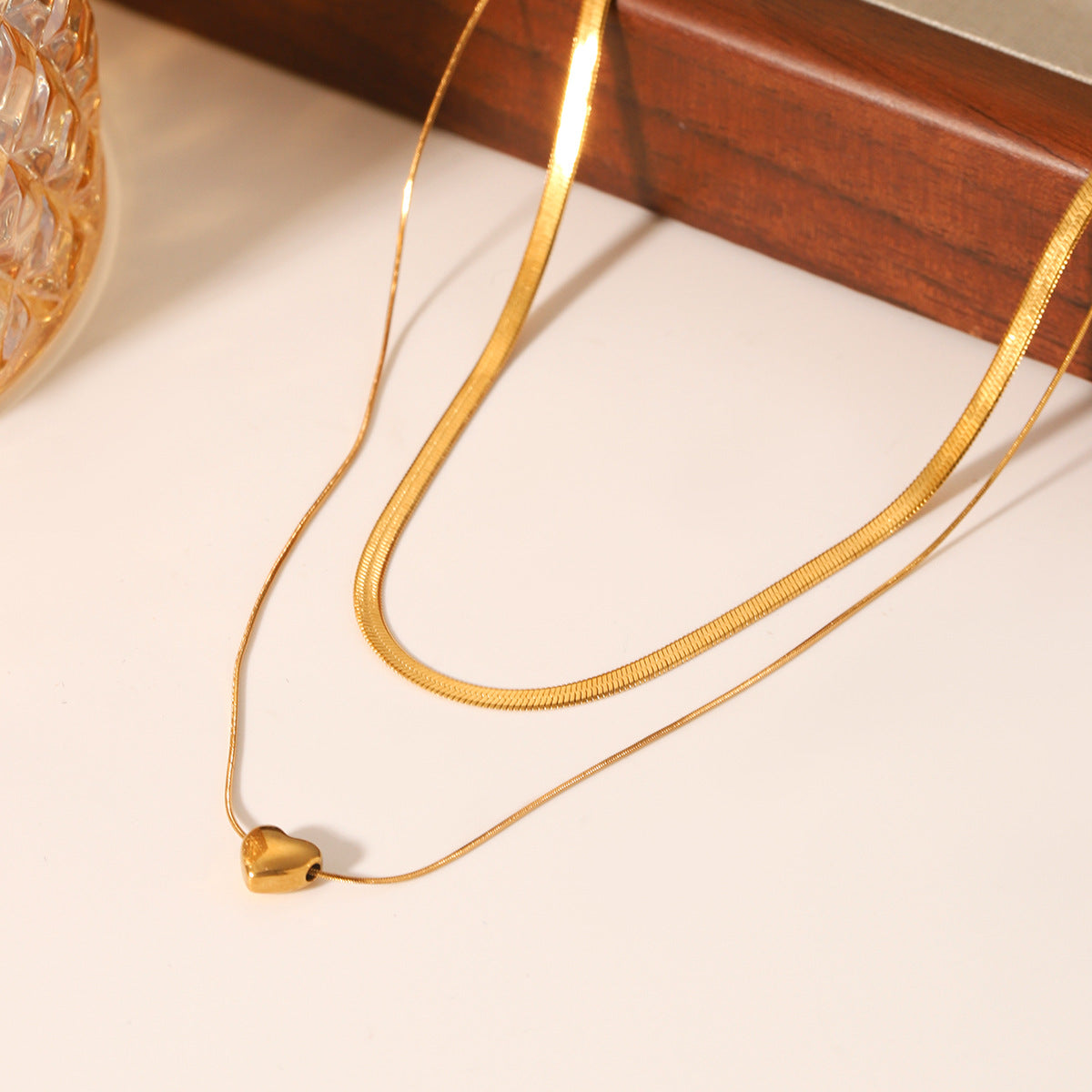 Stainless Steel Double-layer Necklace with Heart-shaped Pendant, Fashionable and High-end Necklace