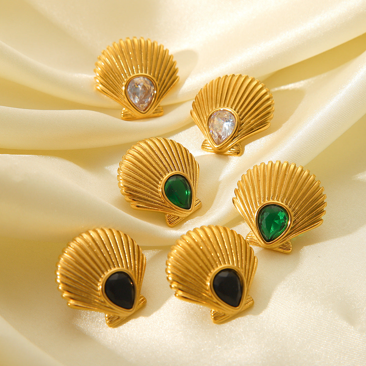 18K Gold Stainless Steel Scallop Earrings with Zircon, Women's Light Luxury, Easy-matching Earrings, Marine Titanium Steel Earrings