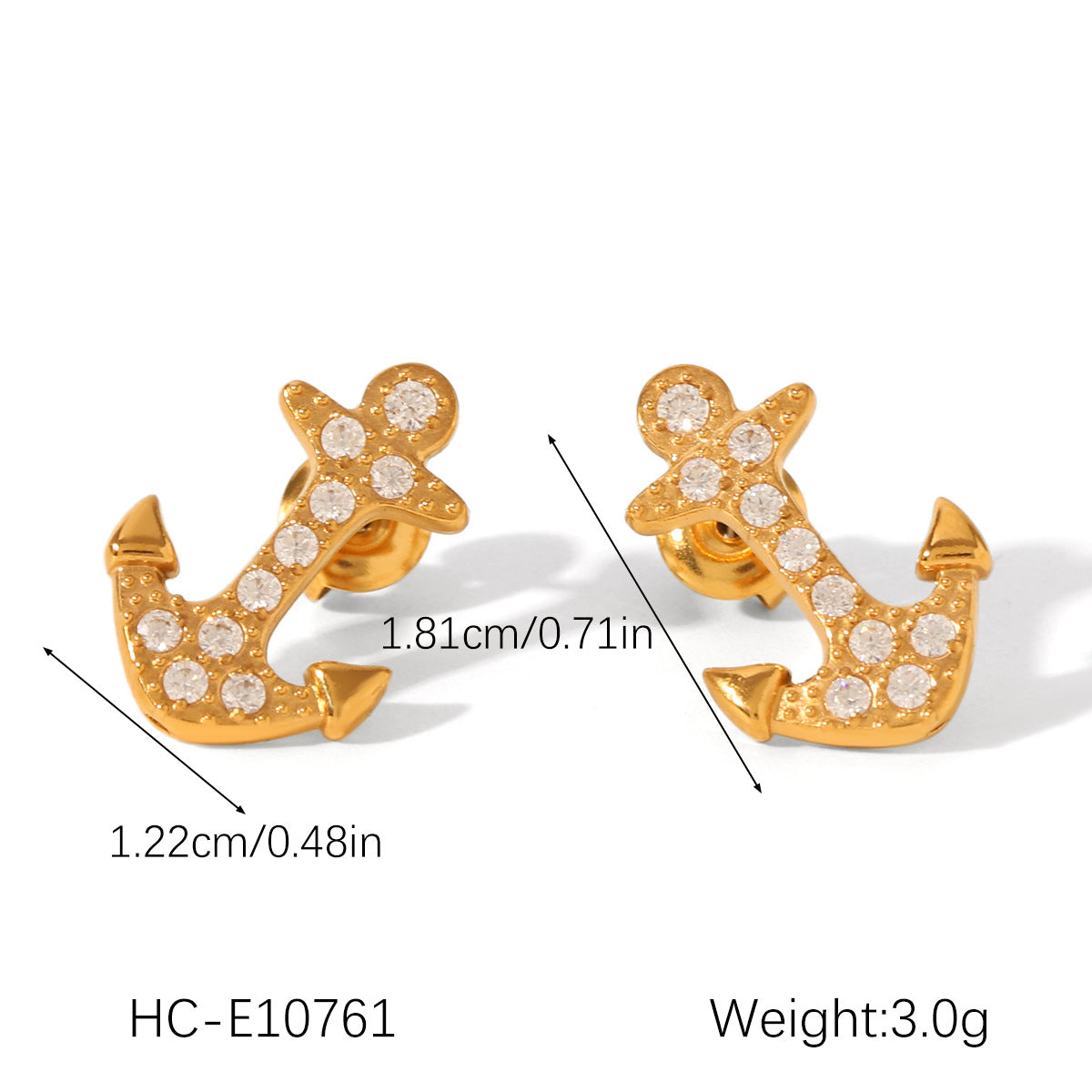 18K Gold Stainless Steel Anchor Earrings with Diamond Studs, Women's Light Luxury High-end Titanium Steel Earrings
