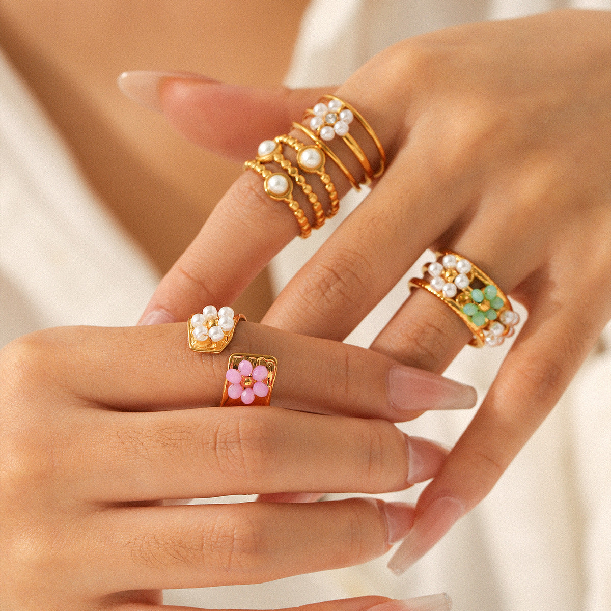 Pearl Ring, Niche Design, Hand Jewelry, Titanium Steel Open Ring, Women's Non-fading Flower Stainless Steel Finger Ring
