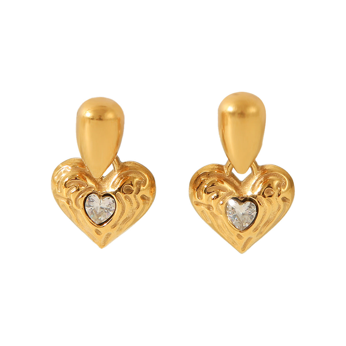 18k Gold Stainless Steel Teardrop-shaped Earrings Studded with Diamonds, Hammered Pattern, Heart-shaped Earrings, Fashionable and High-end Earrings