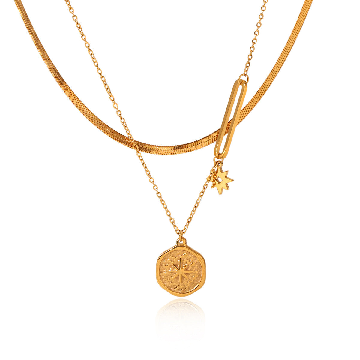 Double-layered Stainless Steel Necklace with Embossed Eight-pointed Star Pendant and Titanium Clavicle Chain