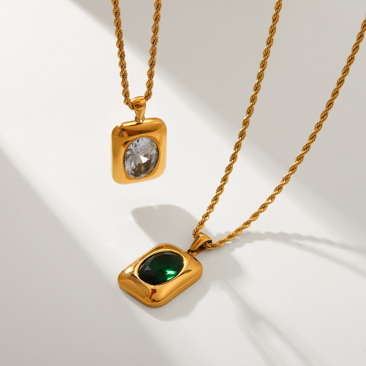 Stainless Steel Necklace with Square Pendant, Inlaid with Semi-precious Stones, Titanium Steel Necklace for Women