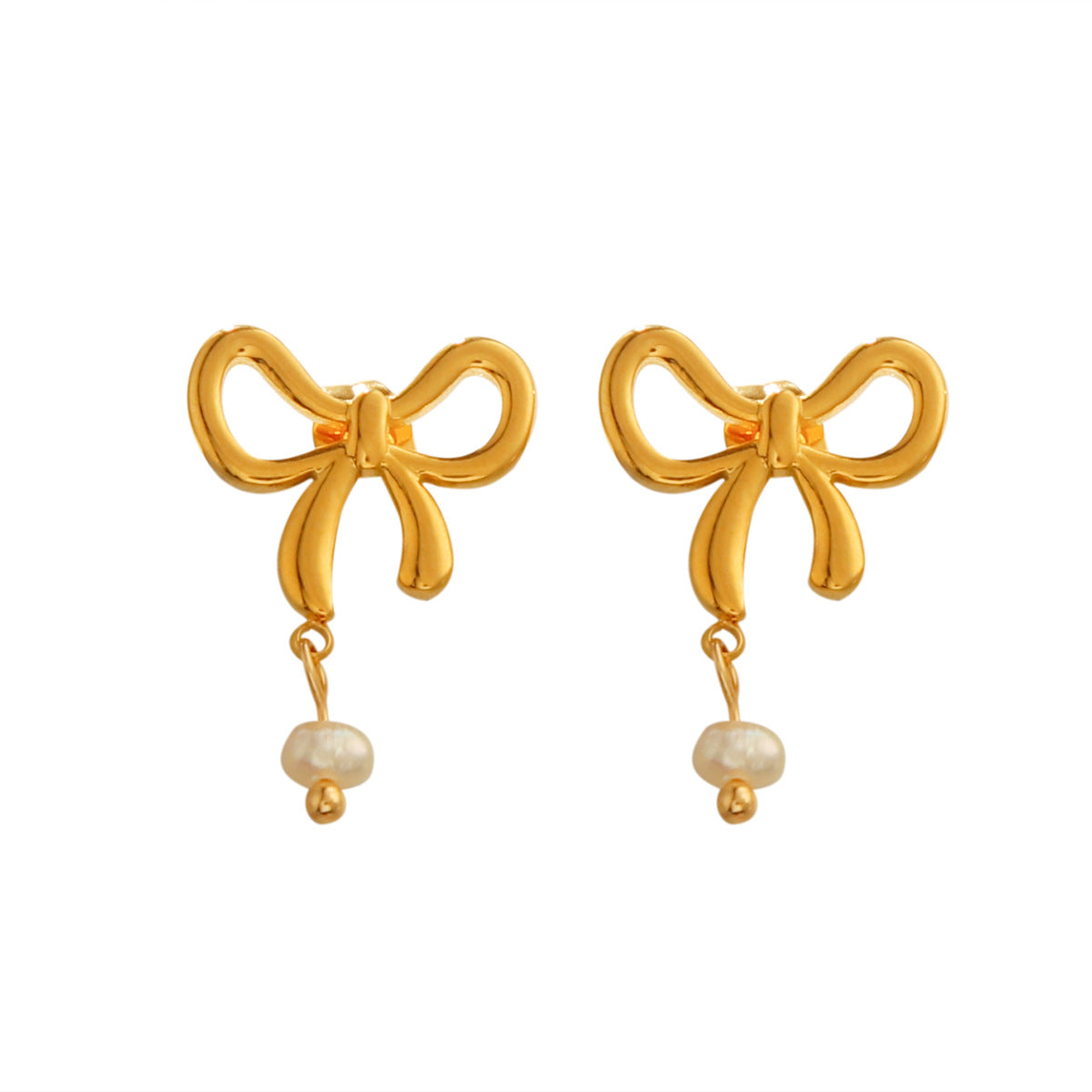 Fashionable 18K gold stainless steel bow earrings with freshwater pearl earrings, versatile earrings for women's temperament