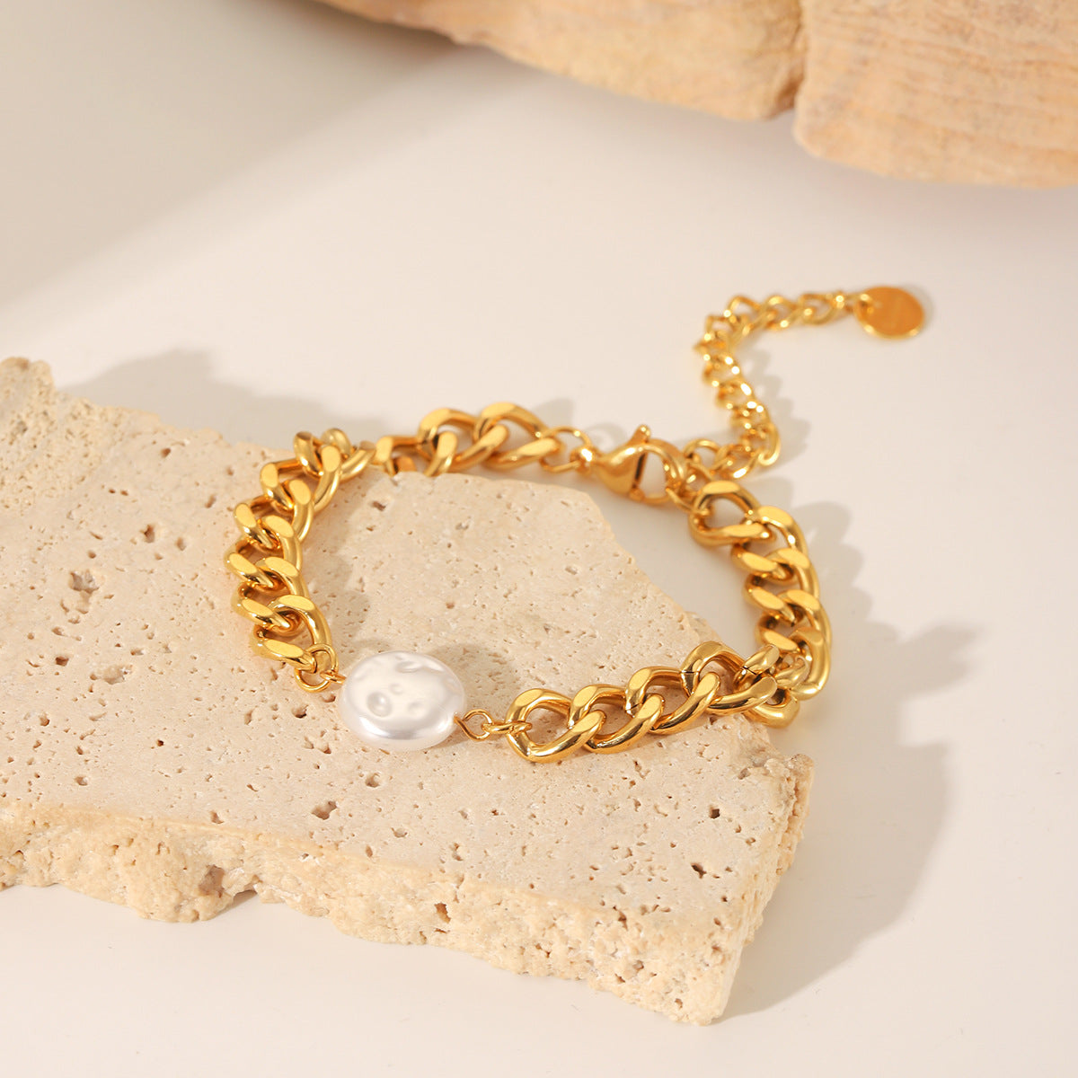 INS-style Fashion Trend, Baroque Pearl Stainless Steel Cuban Chain Bracelet for Women, Non-fading Bracelet