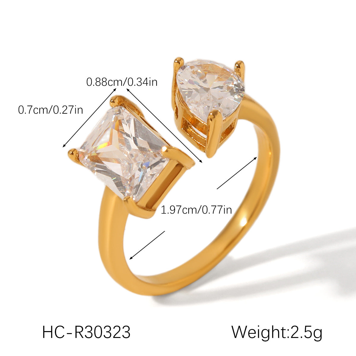 18K Gold Stainless Steel Open Ring Inlaid with Zircon, High-end, Non-fading, Finger Ring, Titanium Steel Jewelry