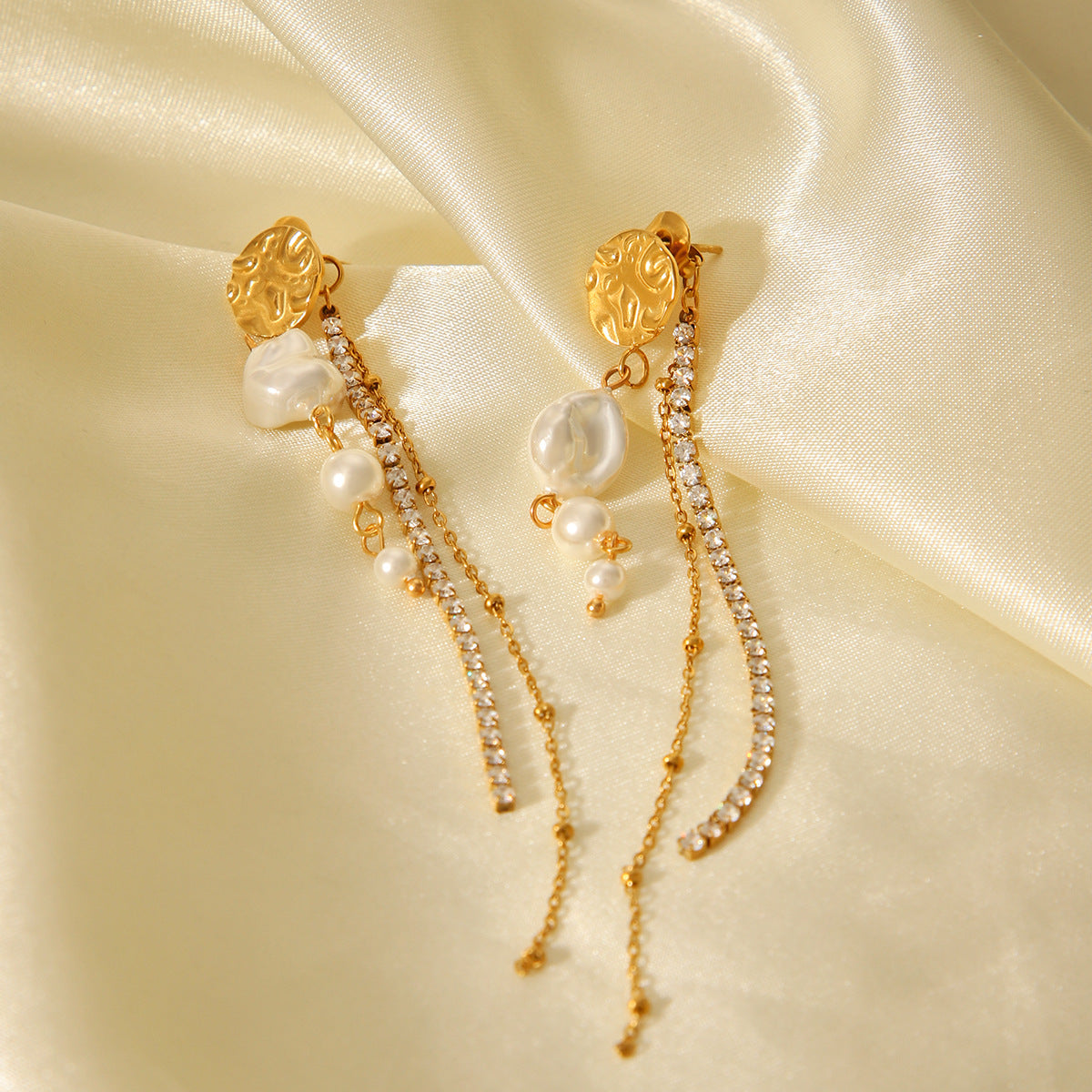 Stainless Steel Earrings with Zircon Chain, Imitation Pearl Tassel, Niche Design, Titanium Steel Earrings