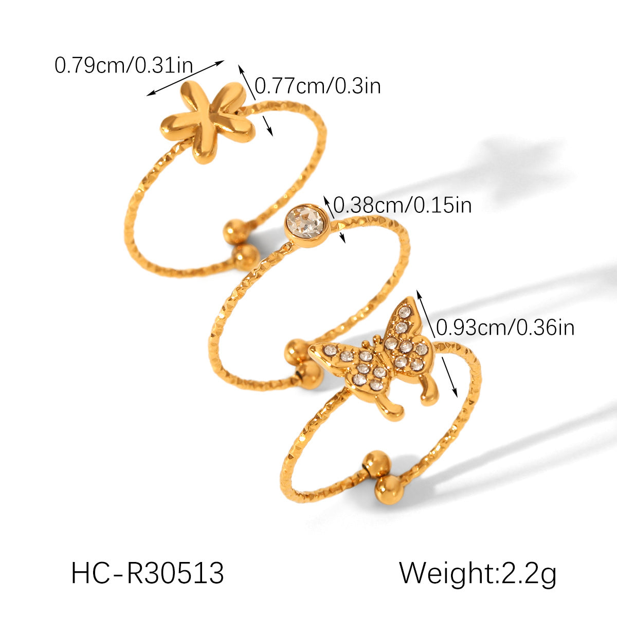 18K Gold-plated Stainless Steel Bowknot Flower-shaped Open Ring Set, Ins-style Zircon Ring for Women, Non-fading