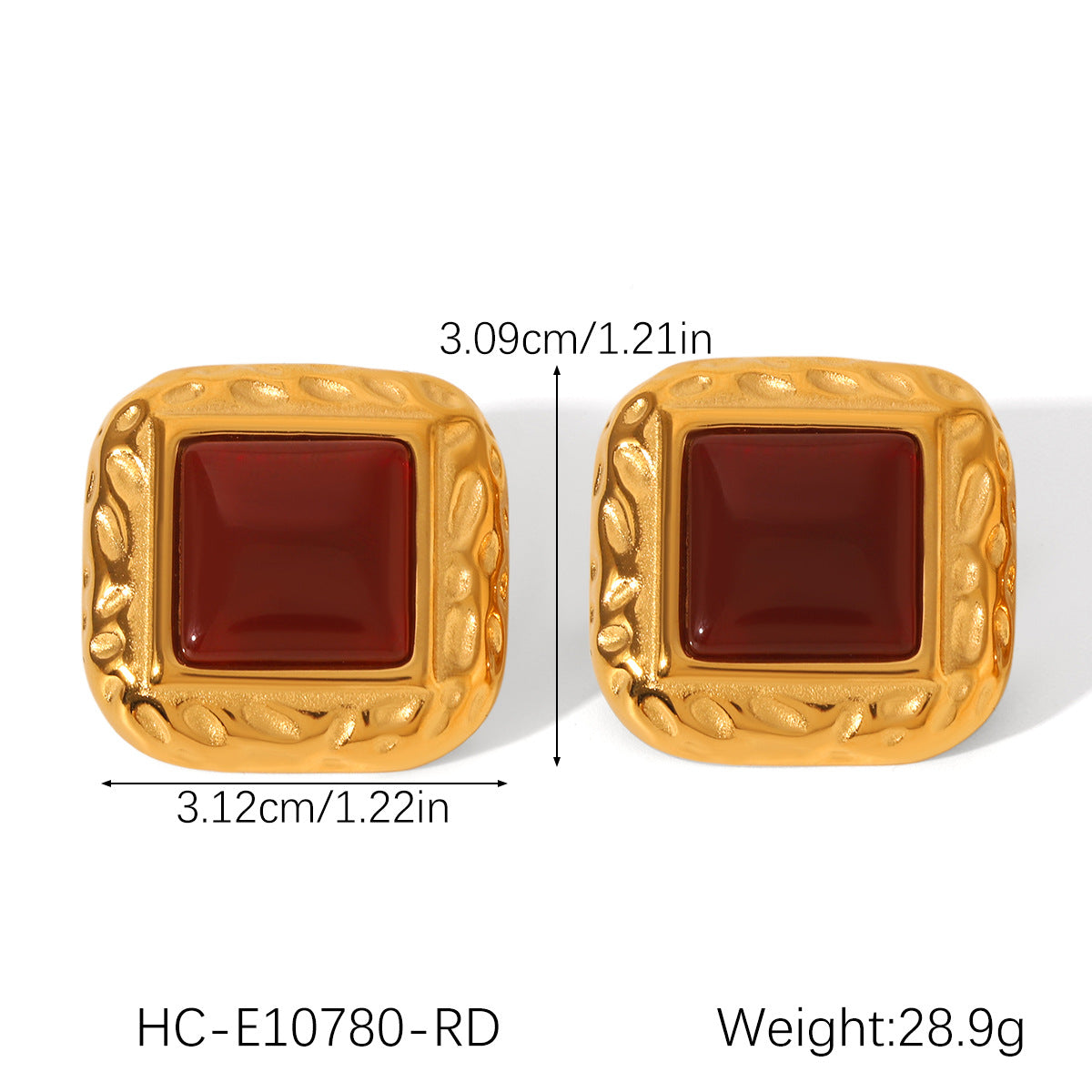 French vintage square stainless steel hammered earrings agate earrings women's non-fading light luxury high-end earrings