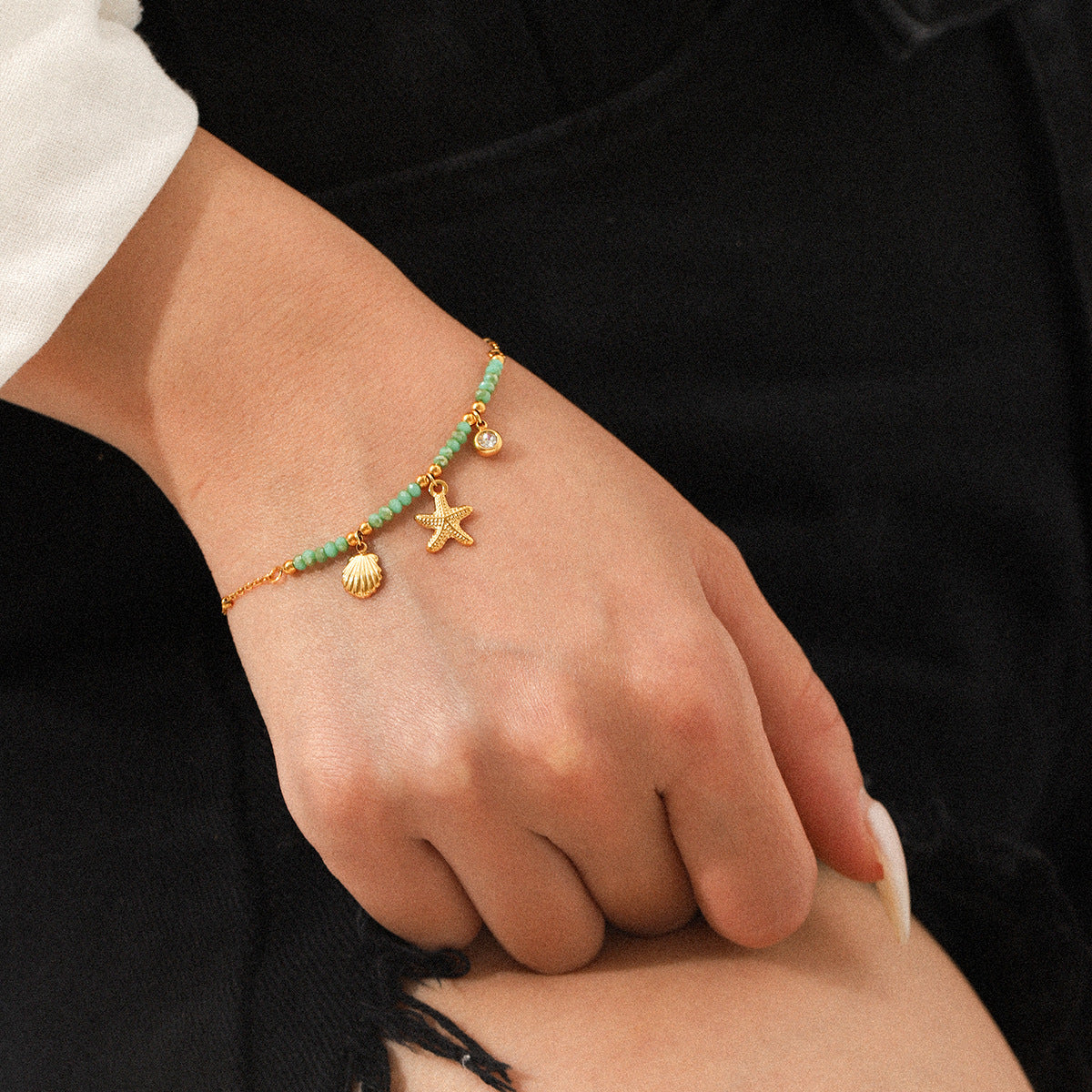 18K Gold Stainless Steel Seashell Starfish Bead Clasp Natural Stone Bracelet, Ocean Vacation Style Jewelry, Titanium Steel Bracelet