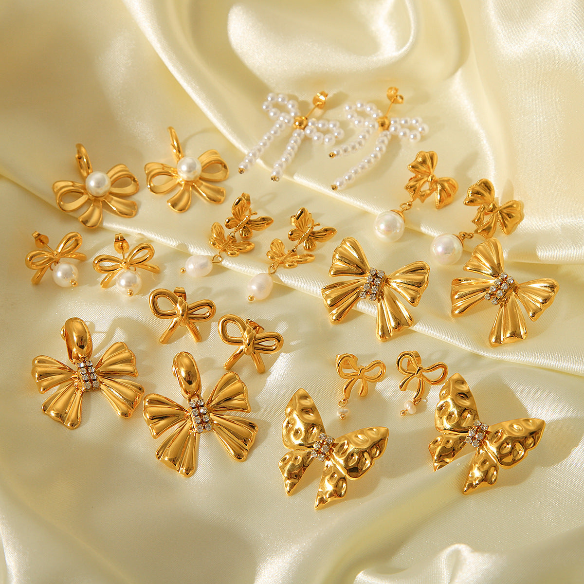 INS-style Titanium Steel Bowknot Earrings, 18K Gold Stainless Steel Butterfly Pearl Earrings, High-end Ear Jewelry