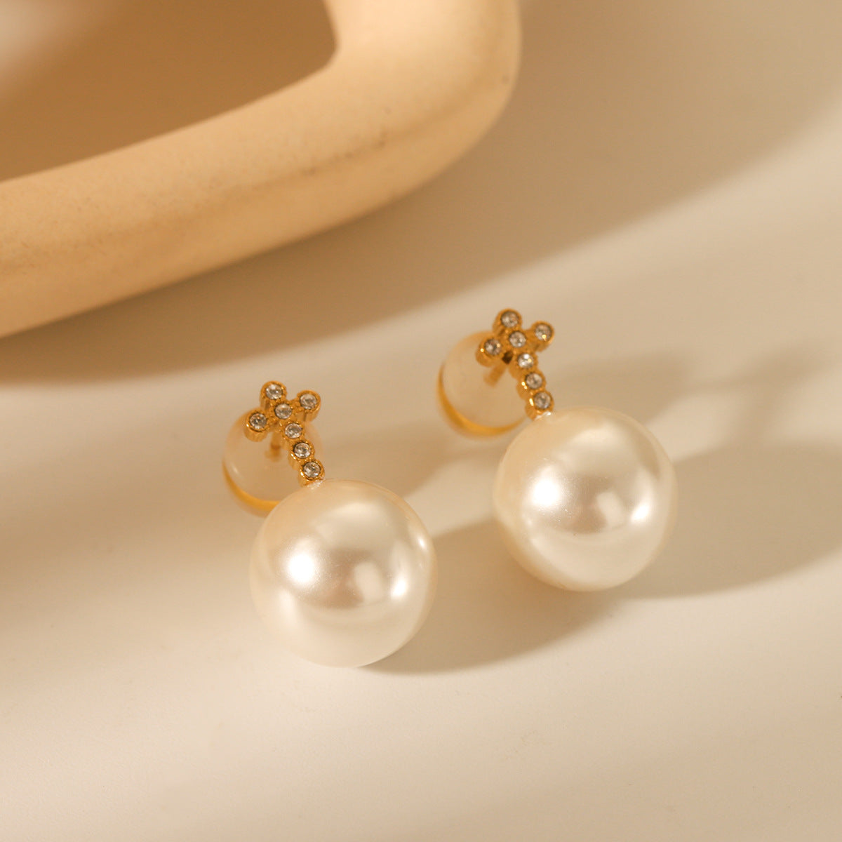Pearl Earrings 18K Gold Stainless Steel Cross Inlaid with Diamonds Earrings for Women's Fashion Accessories