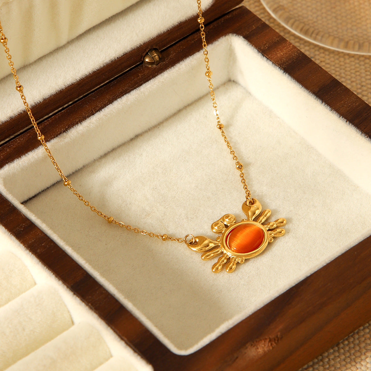 Stainless Steel Clavicle Chain, Cat's Eye Stone Crab Pendant, Beaded Chain Necklace, Titanium Steel Necklace