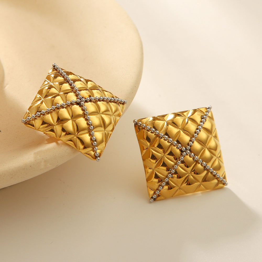 Earrings 18k Gold Stainless Steel Square Diamond Pattern Stud Design Cross Bead Titanium Steel Earrings