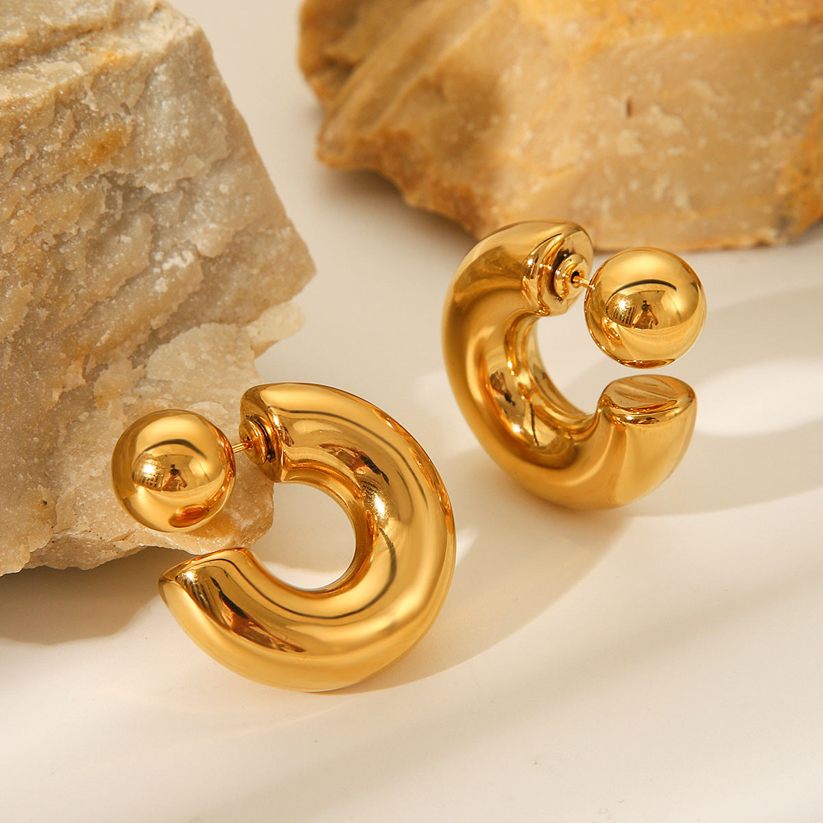 INS-style Spherical Stainless Steel Earrings, Featuring A Unique Niche Design with C-shaped Front and Back Earrings, Premium Titanium Steel Earrings for Women