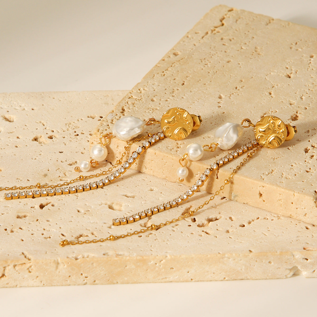 Stainless Steel Earrings with Zircon Chain, Imitation Pearl Tassel, Niche Design, Titanium Steel Earrings