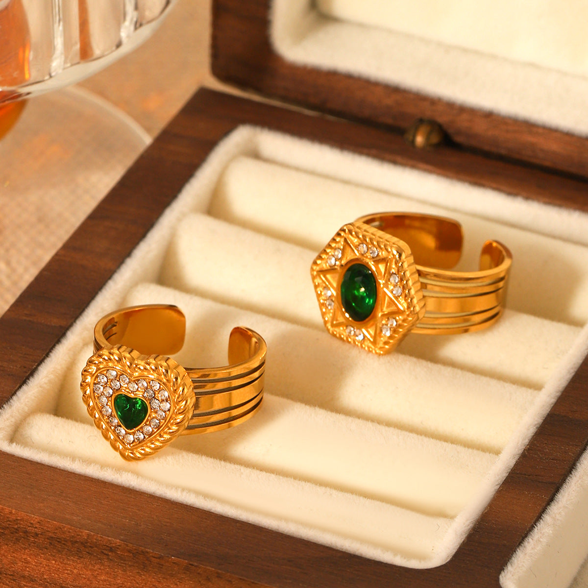 Six-pointed Star Heart-shaped Open Ring, Stainless Steel, Zircon Inlay, Women's Titanium Steel, Non-fading Finger Ring