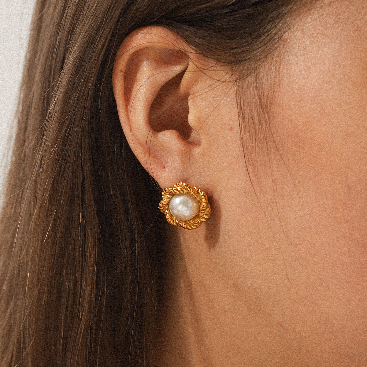 Stainless Steel 18K Gold-plated Earrings with Fried Dough Twists Pattern, Flower Design, and Pearl Accents for Women, Non-fading Titanium Steel Earrings