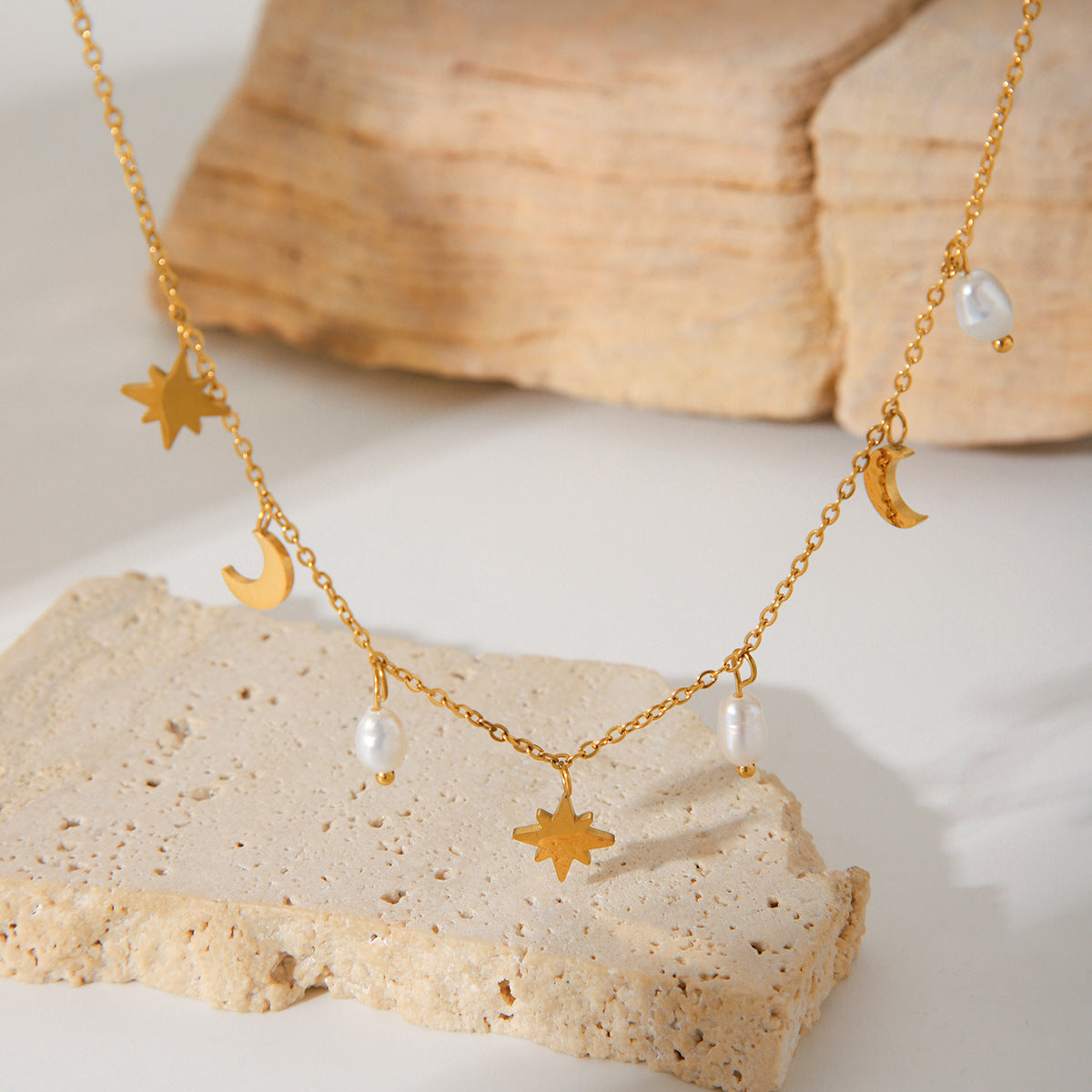 Stainless Steel Eight-pointed Star Moon Freshwater Pearl Pendant Necklace