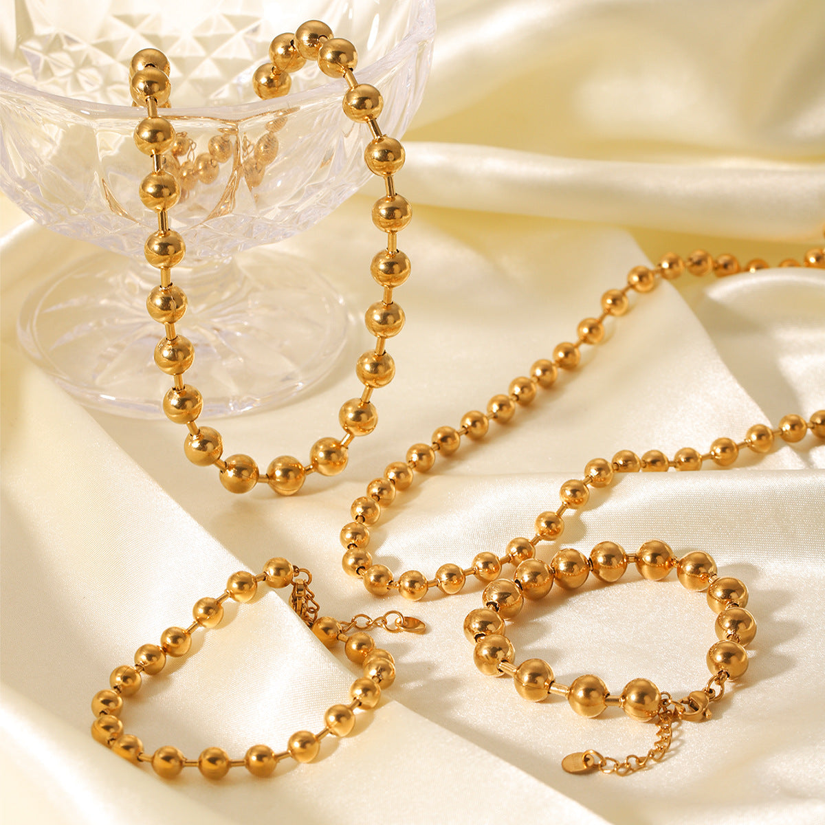 Stainless Steel Bead Chain Necklace and Bracelet for Women, Featuring High-end Titanium Steel Jewelry That Won't Fade