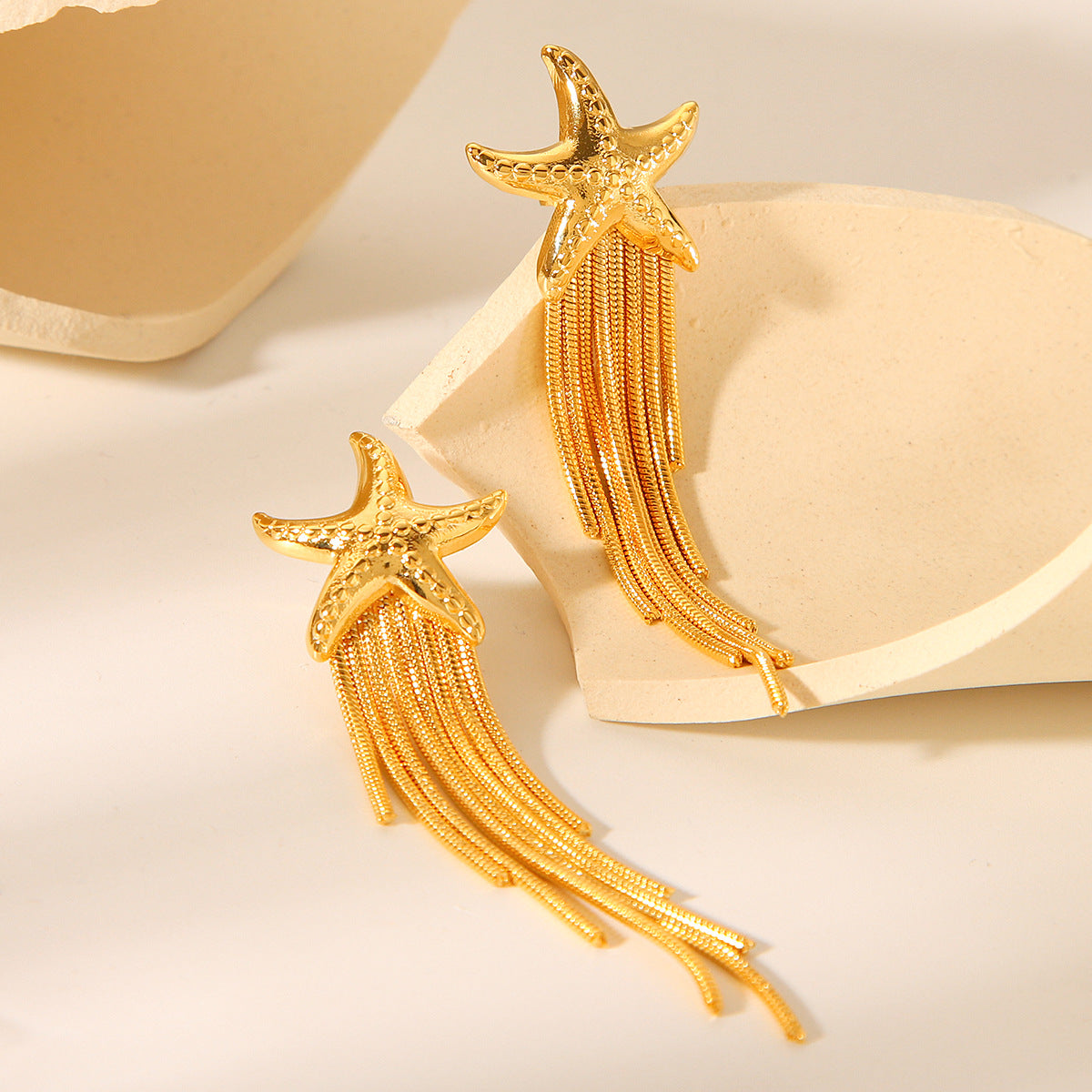 18k Gold Stainless Steel Starfish Earrings with Chain and Tassel, Fashionable and Versatile Titanium Steel Earrings