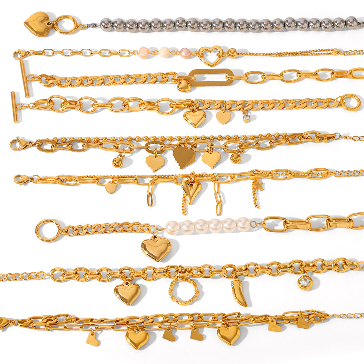 Stainless Steel Bracelet with OT Clasp, Heart-shaped Pearl Bracelet for Women, Titanium Steel, Non-fading, High-end Jewelry