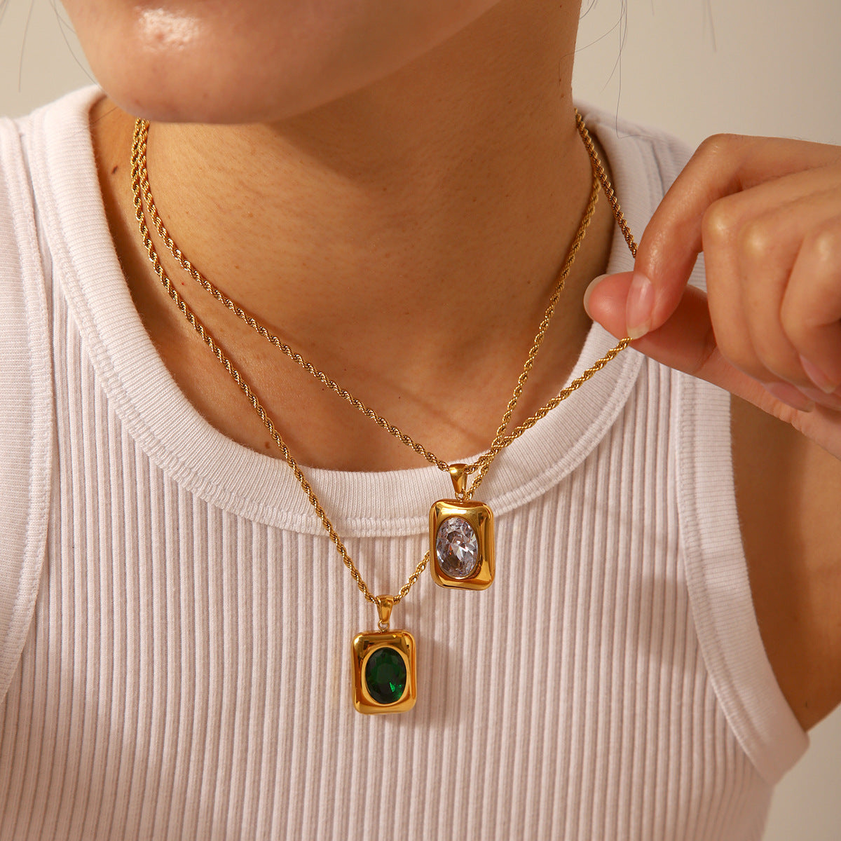 Stainless Steel Necklace with Square Pendant, Inlaid with Semi-precious Stones, Titanium Steel Necklace for Women