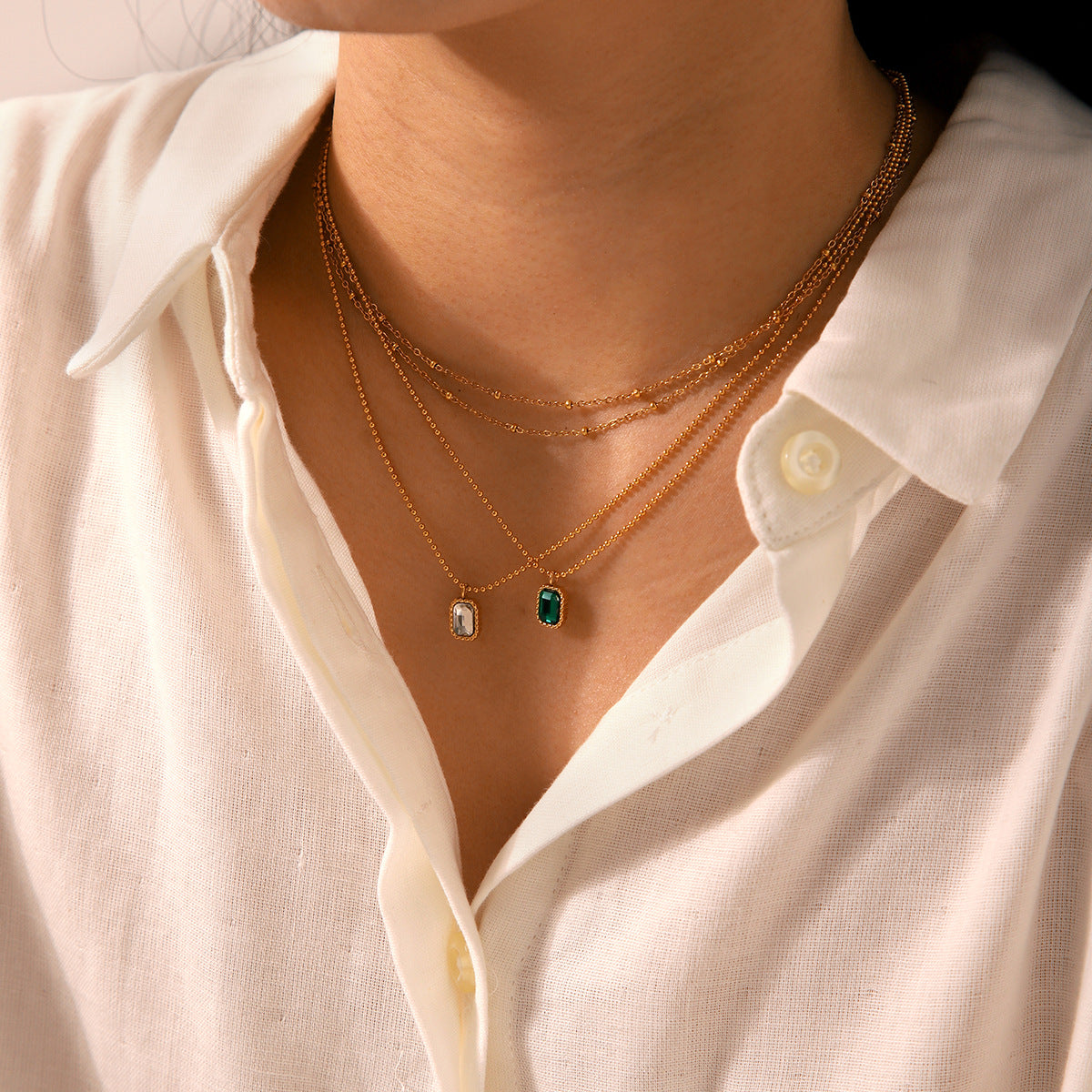 Fashionable Light Luxury Zircon Stainless Steel Necklace Female High-end 18k Gold Double-layer Stacked Collar Chain