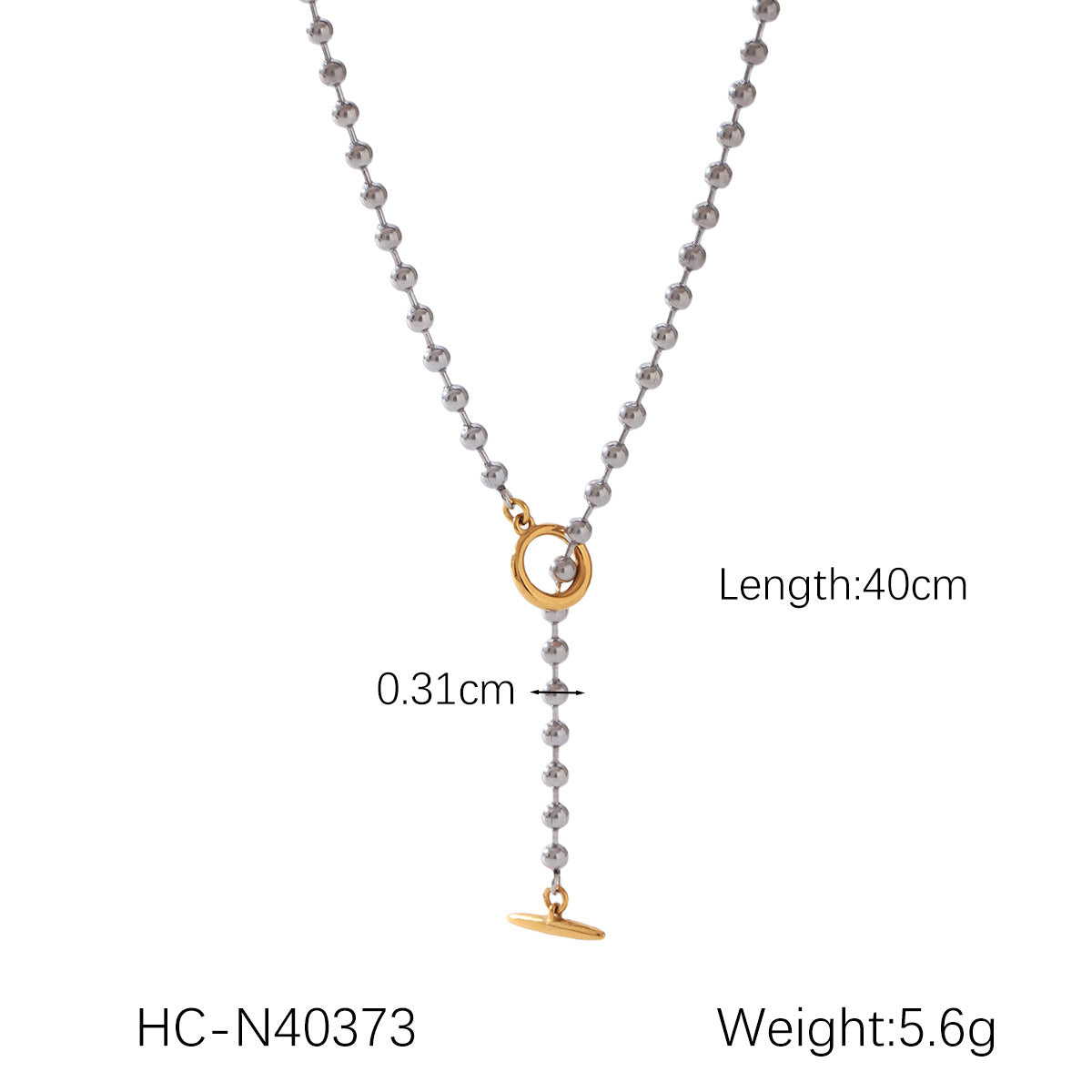 Gold and Silver Color-blocked Stainless Steel Ring Buckle Spherical Pendant Necklace for Women, Niche Design, Titanium Steel Sweater Chain Necklace Accessory