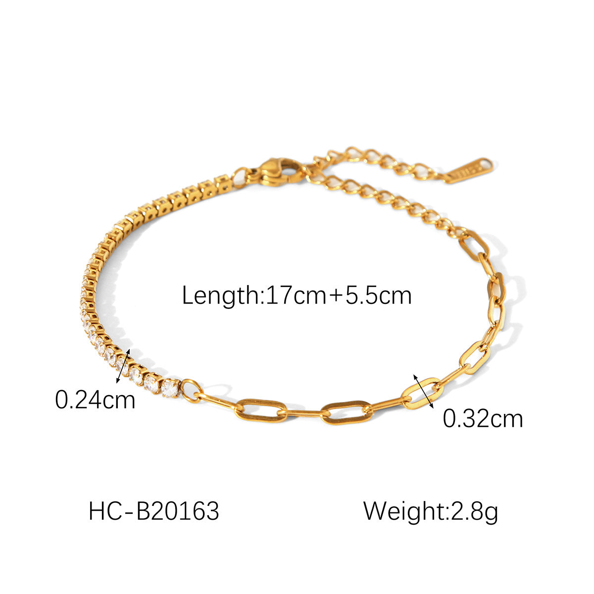 Stainless Steel Zircon Bracelet with INS Style, Light Luxury and High-end Feel, 18k Gold Titanium Steel Claw Chain Necklace, Does Not Fade