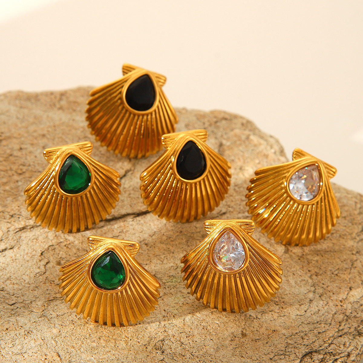 18K Gold Stainless Steel Scallop Earrings with Zircon, Women's Light Luxury, Easy-matching Earrings, Marine Titanium Steel Earrings