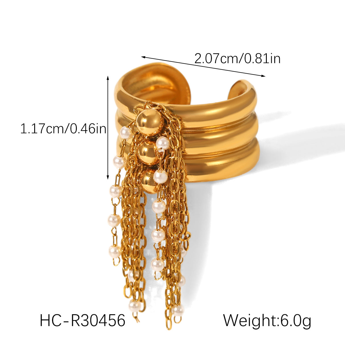 Titanium Steel Ring, 18K Gold Stainless Steel, Pearl Chain, Fringed, Open-ended, Women's Ring