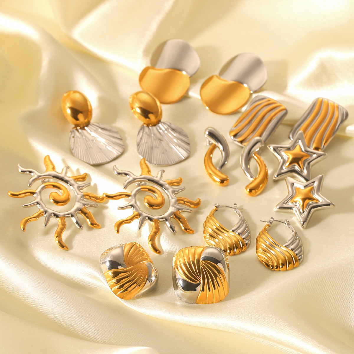 Stainless Steel Earrings, Gold and Silver Color-block, Glossy Geometric Texture, Stud Earrings, Sun-shaped Five-pointed Star Earrings for Women