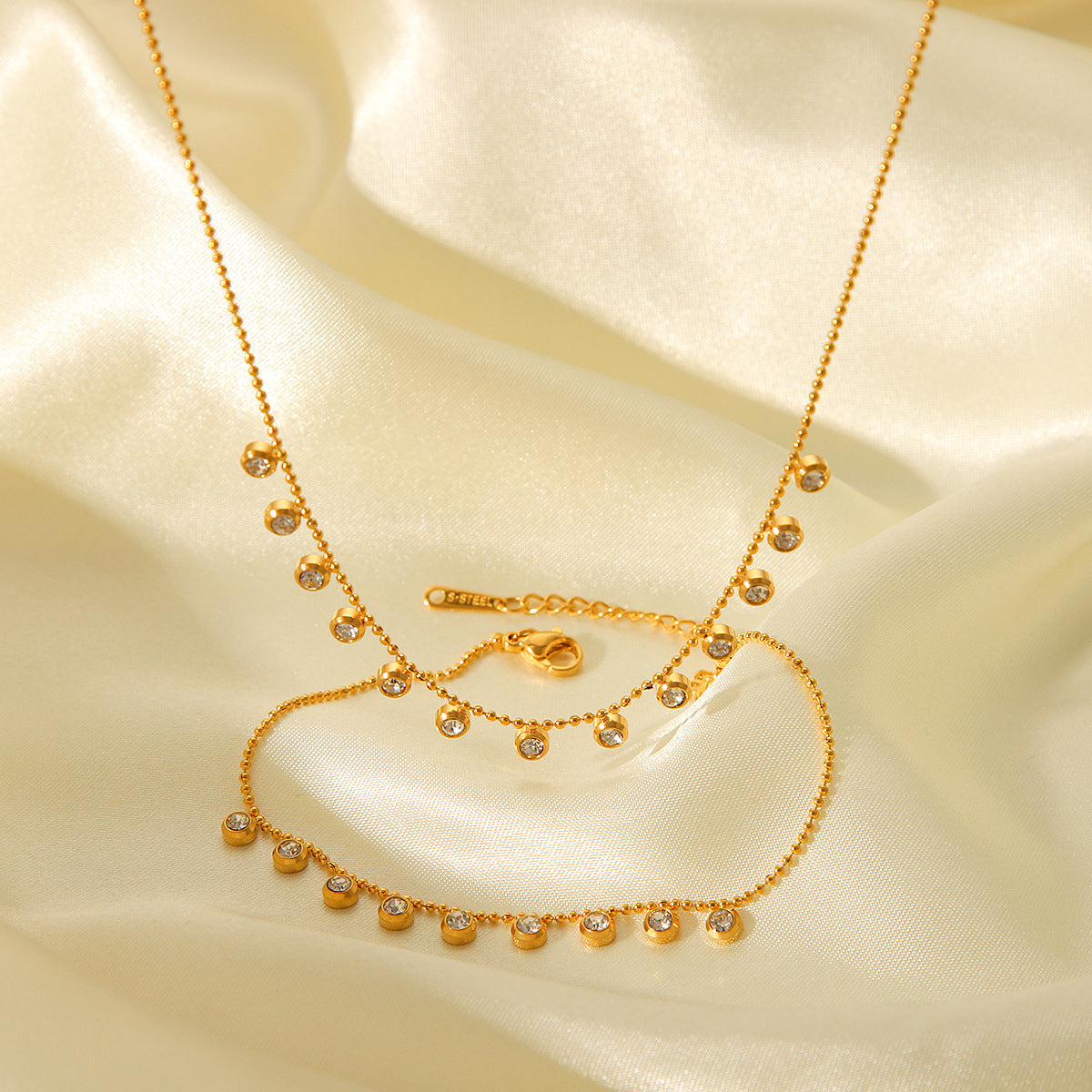 High-end Stainless Steel Diamond-encrusted Fringed Necklace, Fashionable and Versatile Titanium Steel Clavicle Chain, White Zircon Bracelet for Women