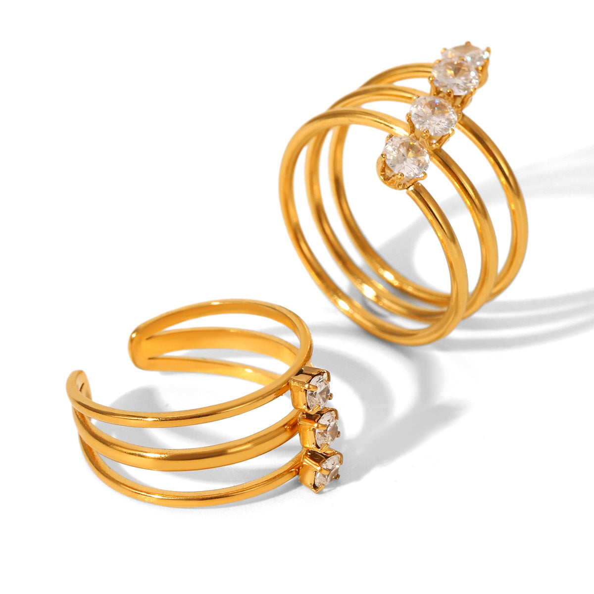 INS Style Three-layer Stainless Steel Ring with Zircon Inlay, Light Luxury and Versatile Titanium Steel Open Ring