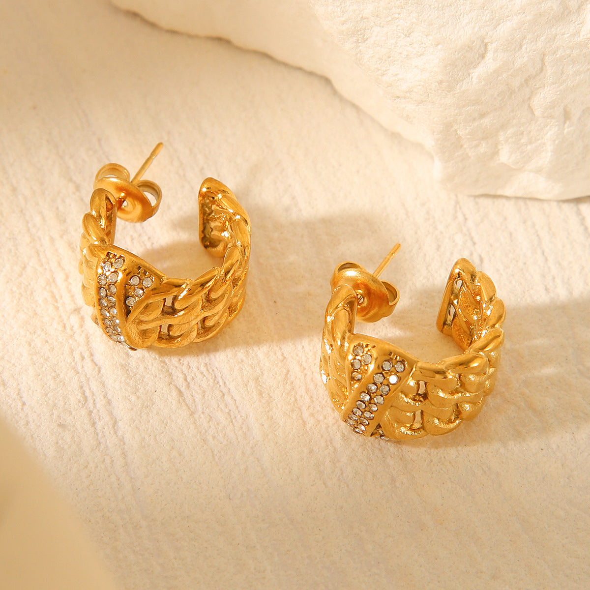 18k Gold Stainless Steel Earrings with Multi-layer Chain Splicing and Diamond Studded Design, C-shaped Titanium Steel Earrings