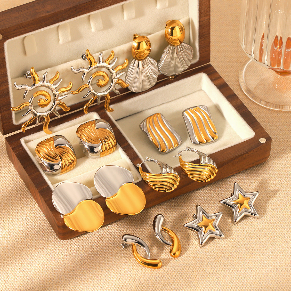 Stainless Steel Earrings, Gold and Silver Color-block, Glossy Geometric Texture, Stud Earrings, Sun-shaped Five-pointed Star Earrings for Women