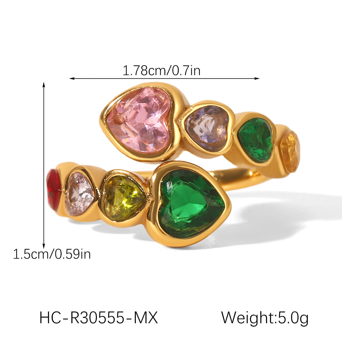 18k Gold Stainless Steel Ring Jewelry, Inlaid with Heart-shaped Zircon, Open-end Ring, Made of Titanium Steel, Non-fading Ring