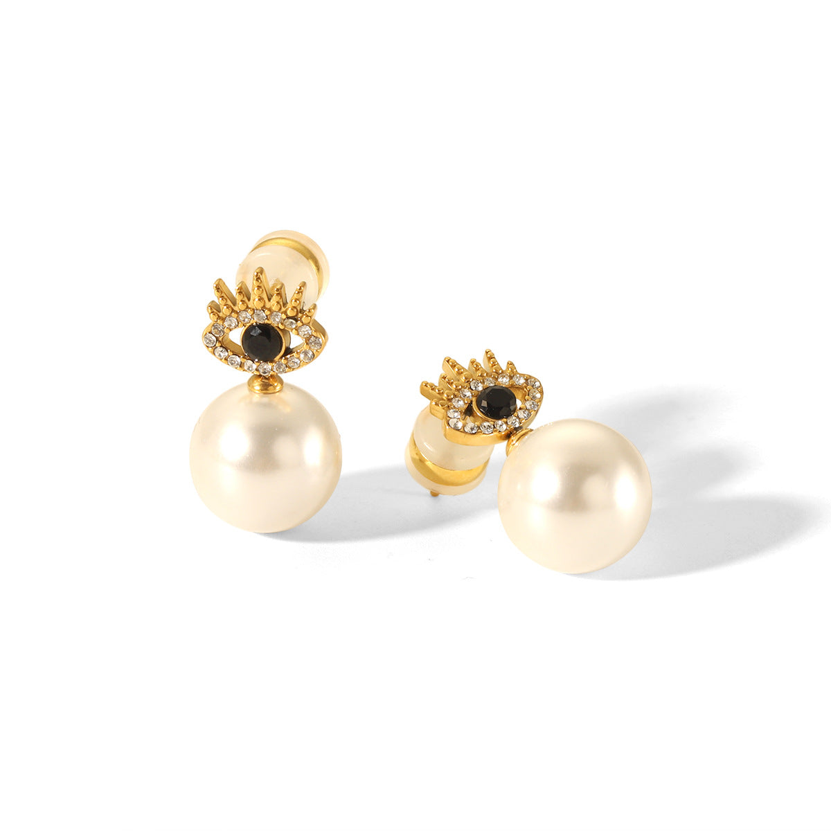 18K gold stainless steel diamond-encrusted eye earrings for women, fashionable, personalized, trendy, pearl earrings