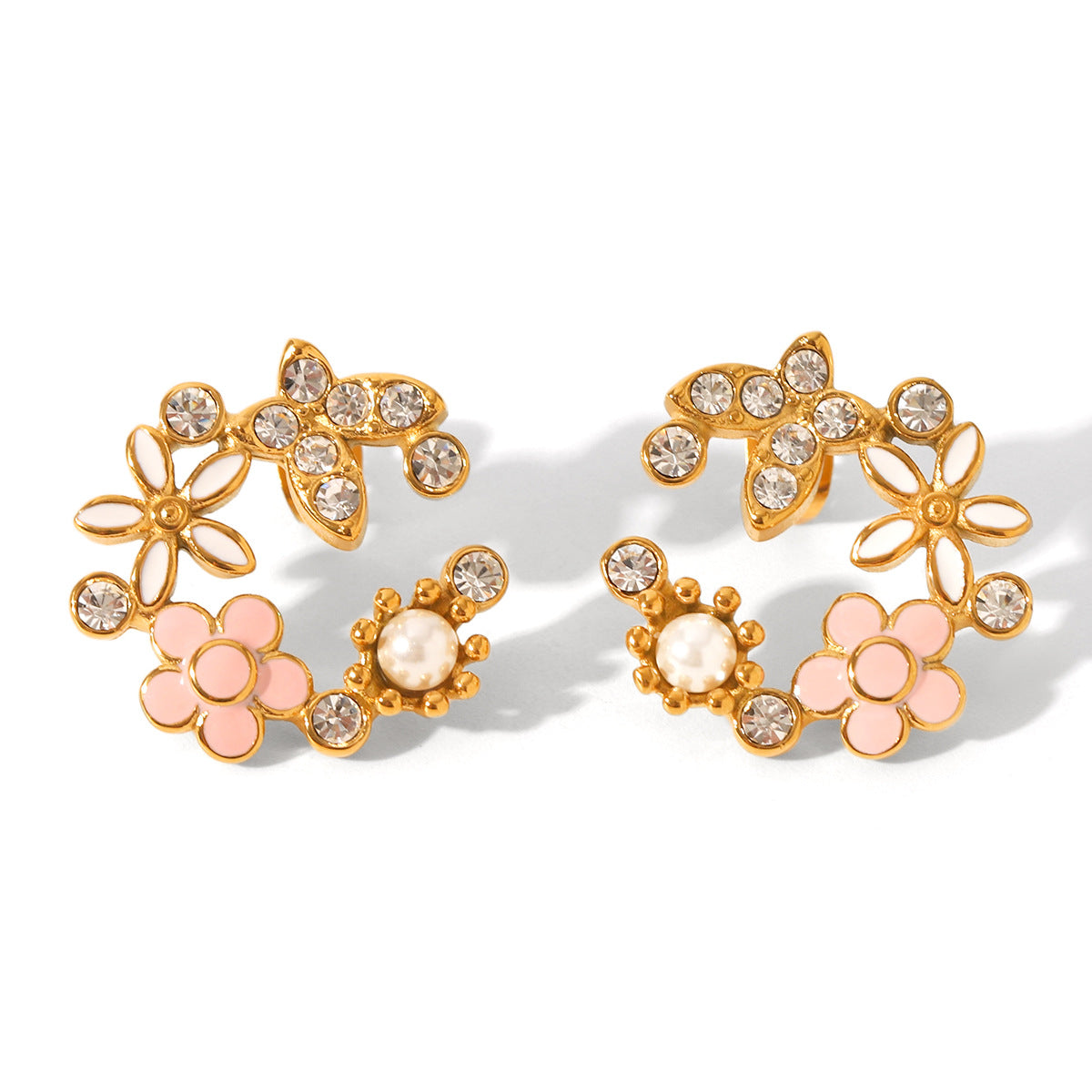 Flower earrings, 18K gold stainless steel, butterfly design with zircon, pearl drop earrings, women's flower garland earrings